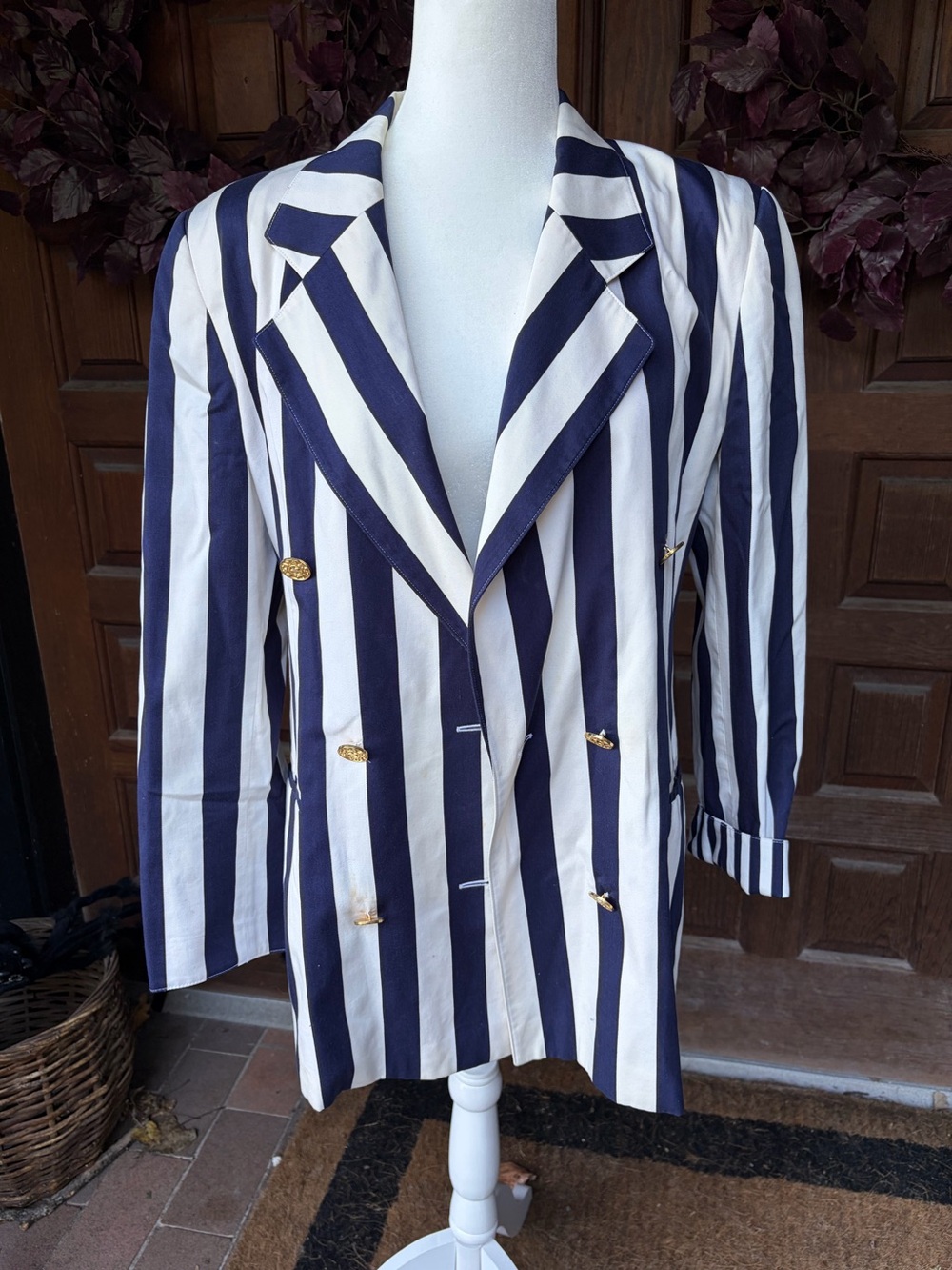 Vintage Escada Navy and White Striped Double-Breasted Blazer